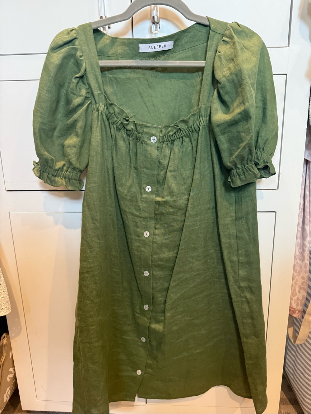 Sleeper Olive Button-Down Puff Sleeve mini Dress